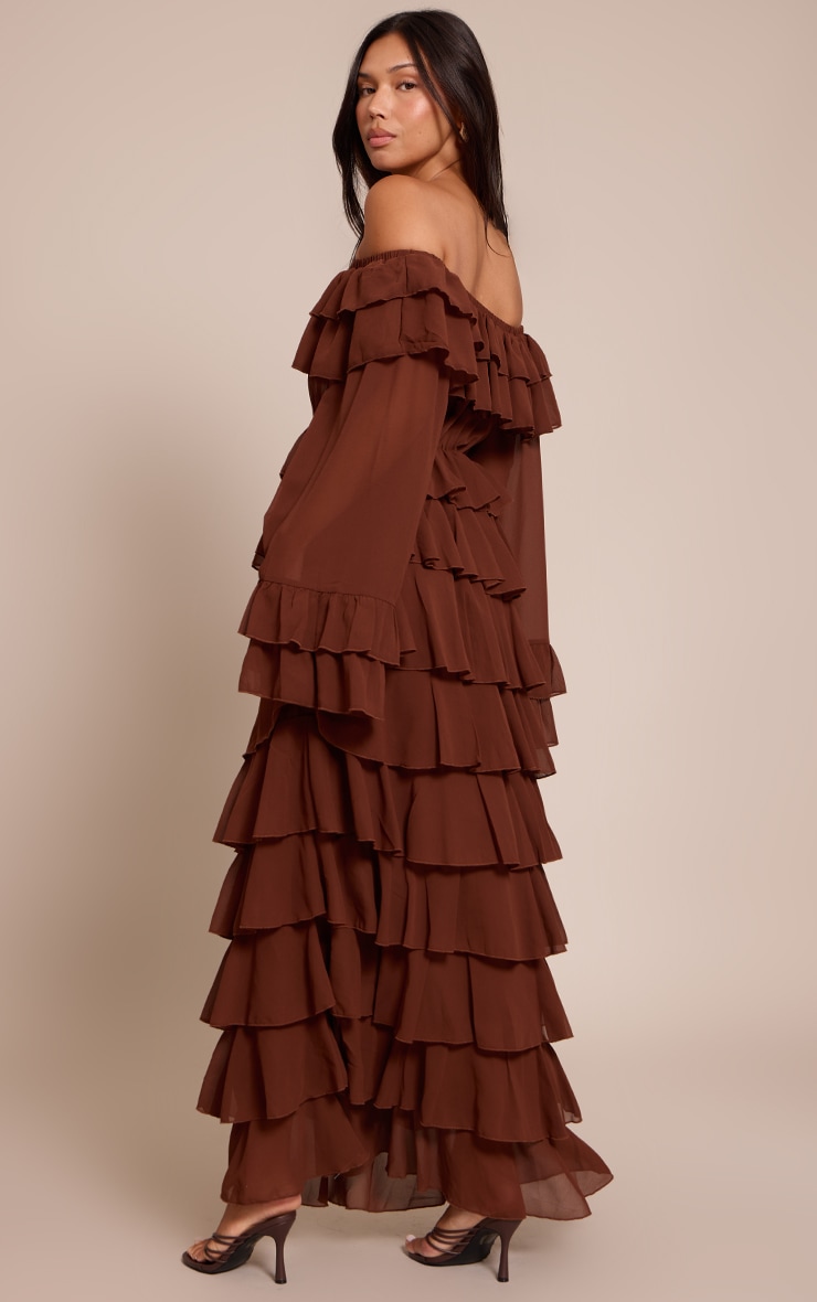 Chocolate Chiffon Bardot Extreme Frill Maxi Dress image 2
