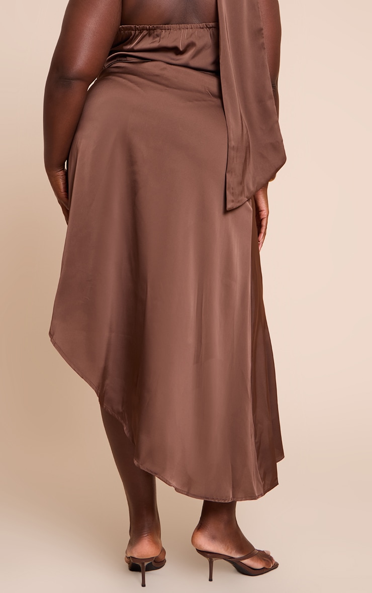 Plus Dark Brown Printed Satin Asymmetric Midi Skirt image 3
