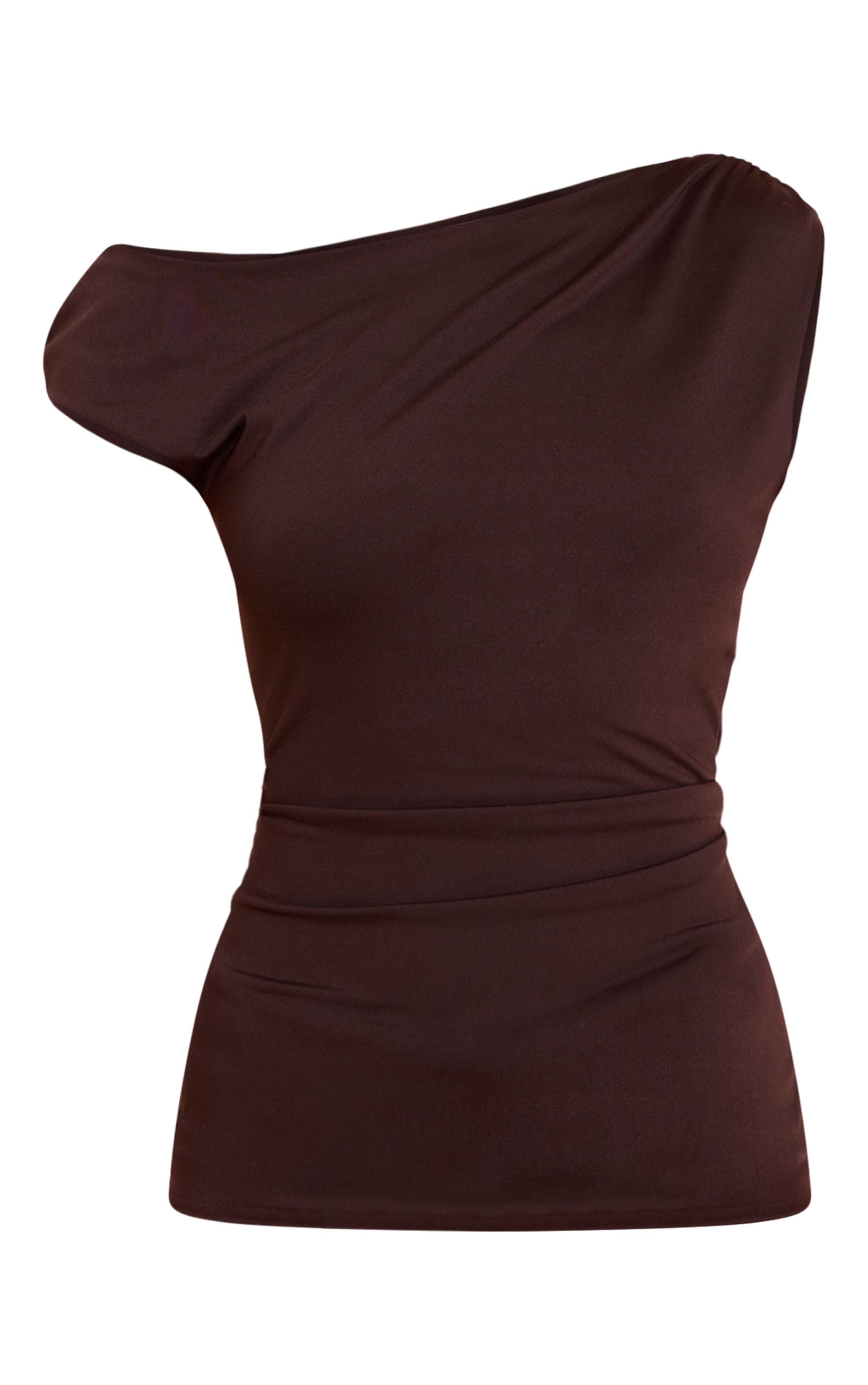 Top long asymétrique moulant chocolat profond à détails froncés image 5