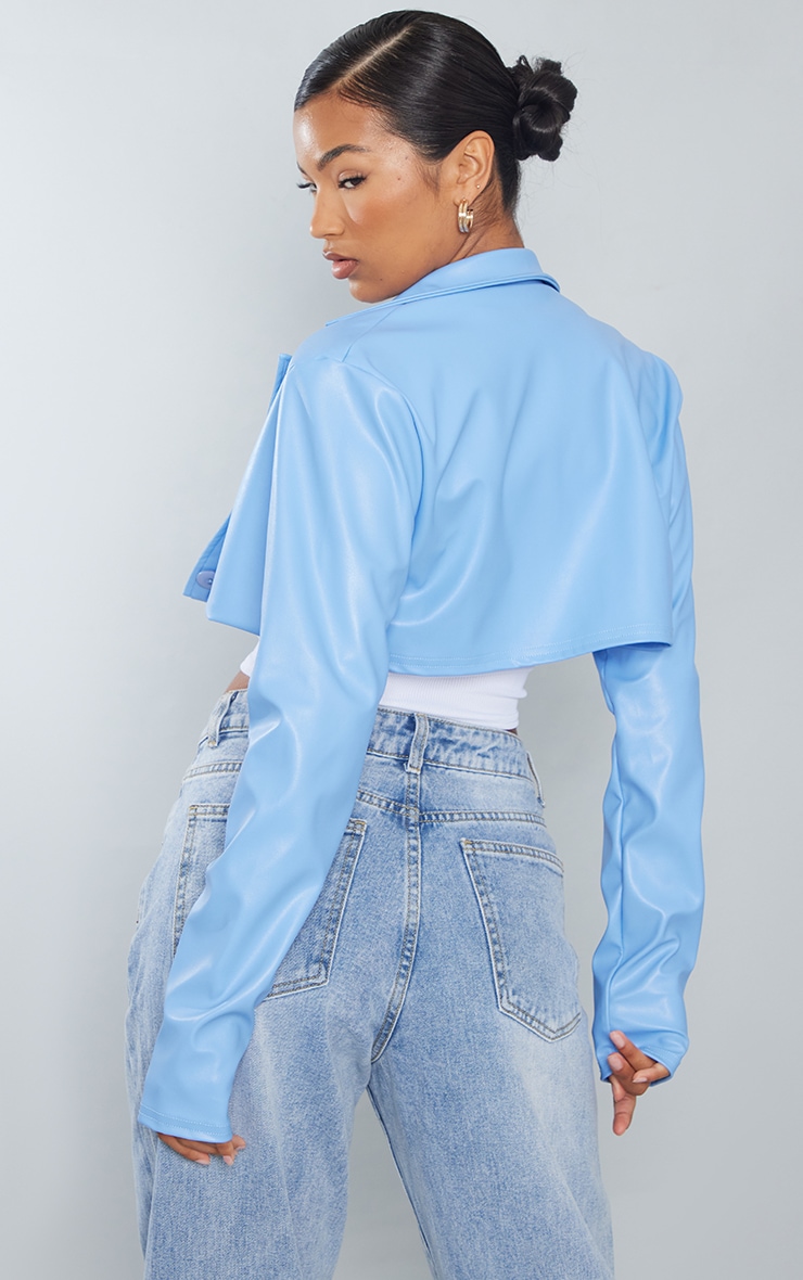 Blazer court basique en PU bleu à épaulettes carrées image 2