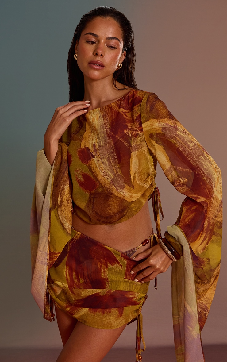 Green Abstract Print Bead Trim Chiffon Beach Skirt image 1