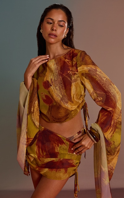 Green Abstract Print Bead Trim Chiffon Beach Skirt