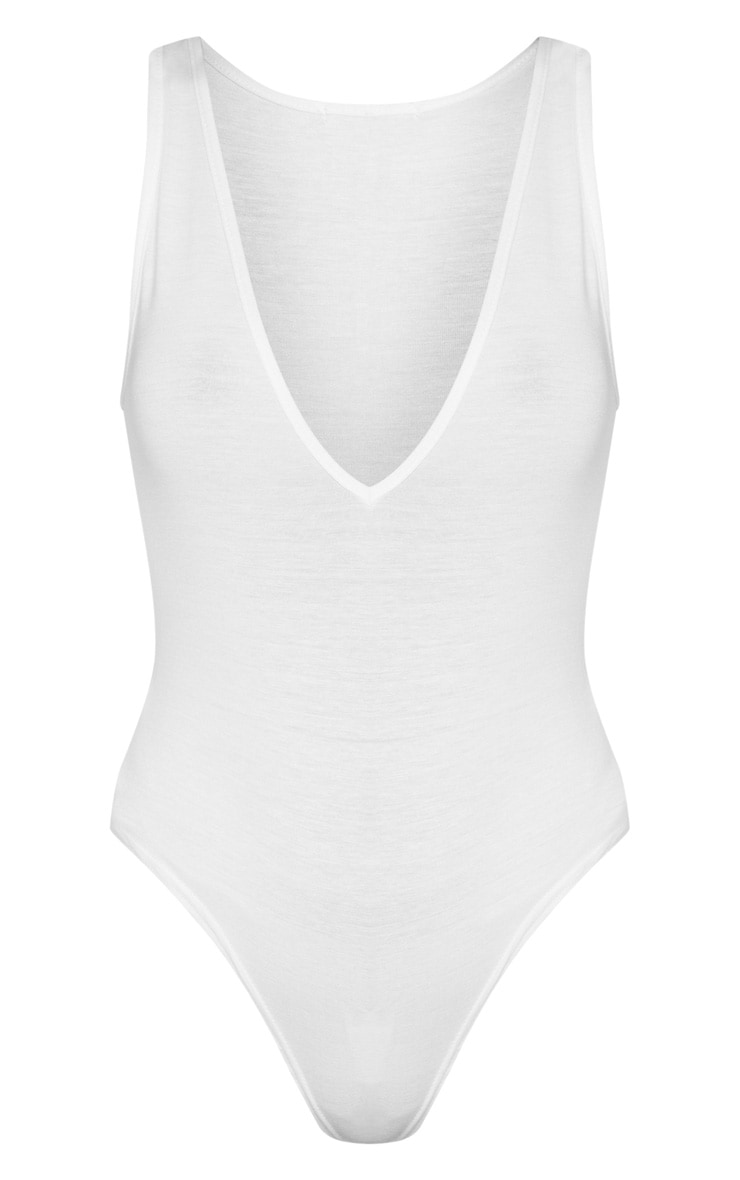 Basic White Jersey Plunge Neck Thong Bodysuit