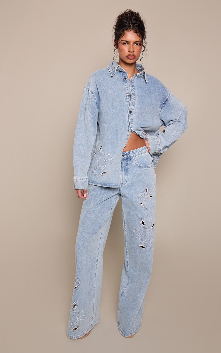 Mid Blue Embroidery Detail Wide Leg Jean