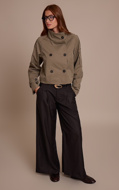 Black Woven Double Pleat Wide Leg Pants