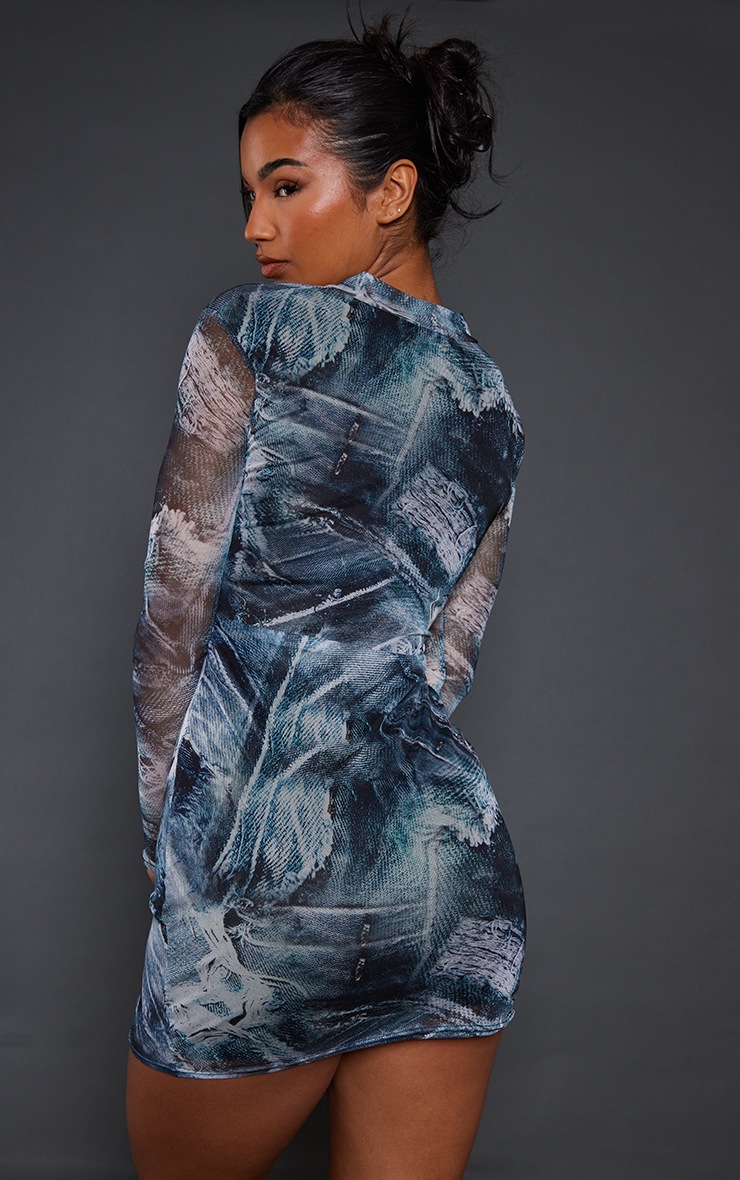Blue Denim Print Mesh Cut Out Long Sleeve Bodycon Dress image 2