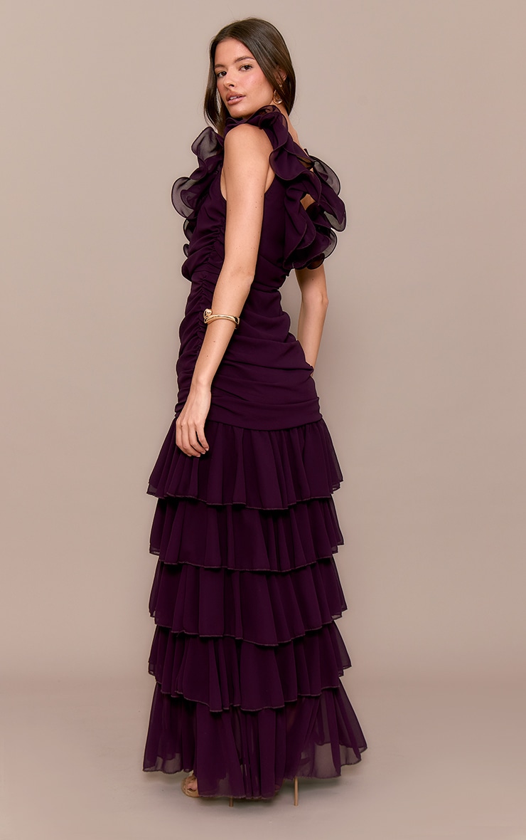 Wine Chiffon Ruched Ruffle Maxi Dress image 2