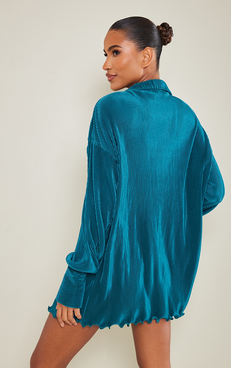 Robe chemise plissée bleu sarcelle à ourlet volanté image 2