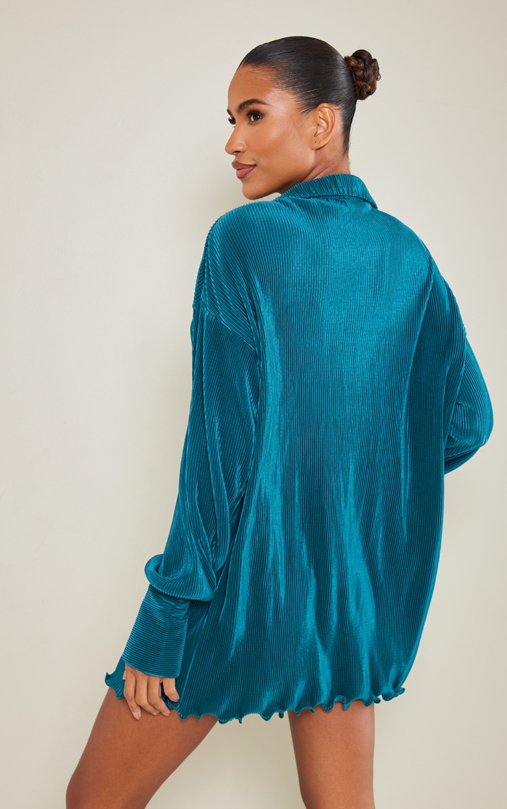 Teal Plisse Frill Hem Shirt Dress image 2