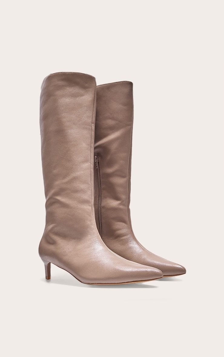 Mushroom PU Point Toe Low Stiletto Knee High Heeled Boots image 2