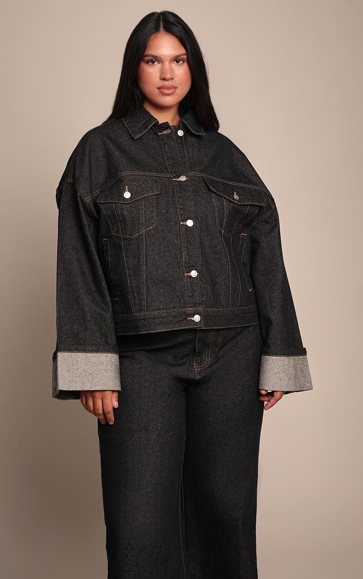 Plus Raw Indigo Wash Turn Up Cuff Contrast Stitch Denim Jacket image 1