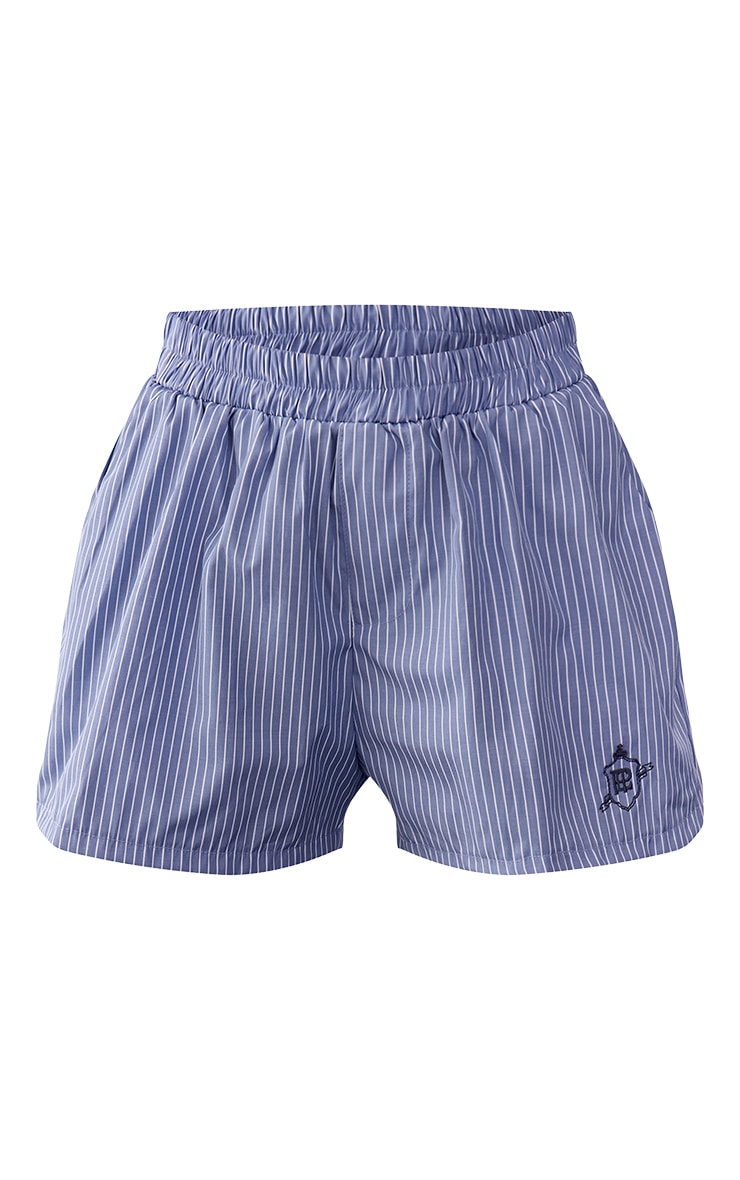 Blue Embroidered Striped Linen Floaty Shorts image 5