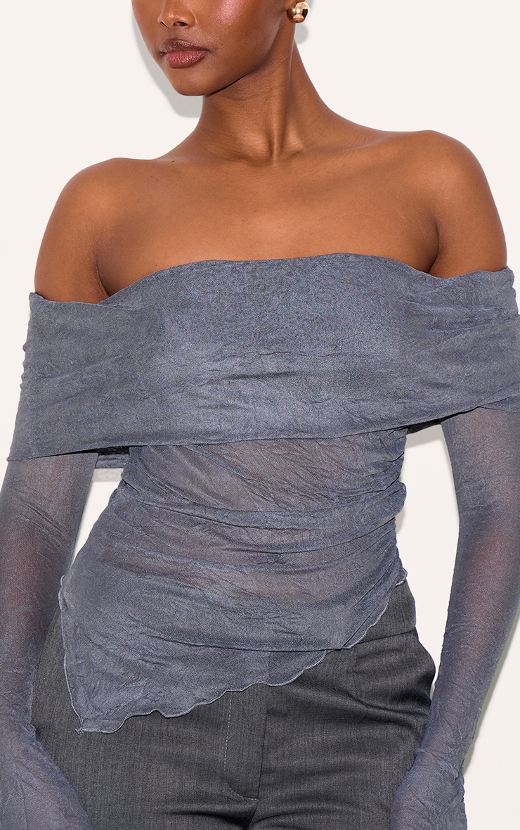 Charcoal Crinkle Mesh Fold Over Detail Bardot Long Sleeve Top image 4