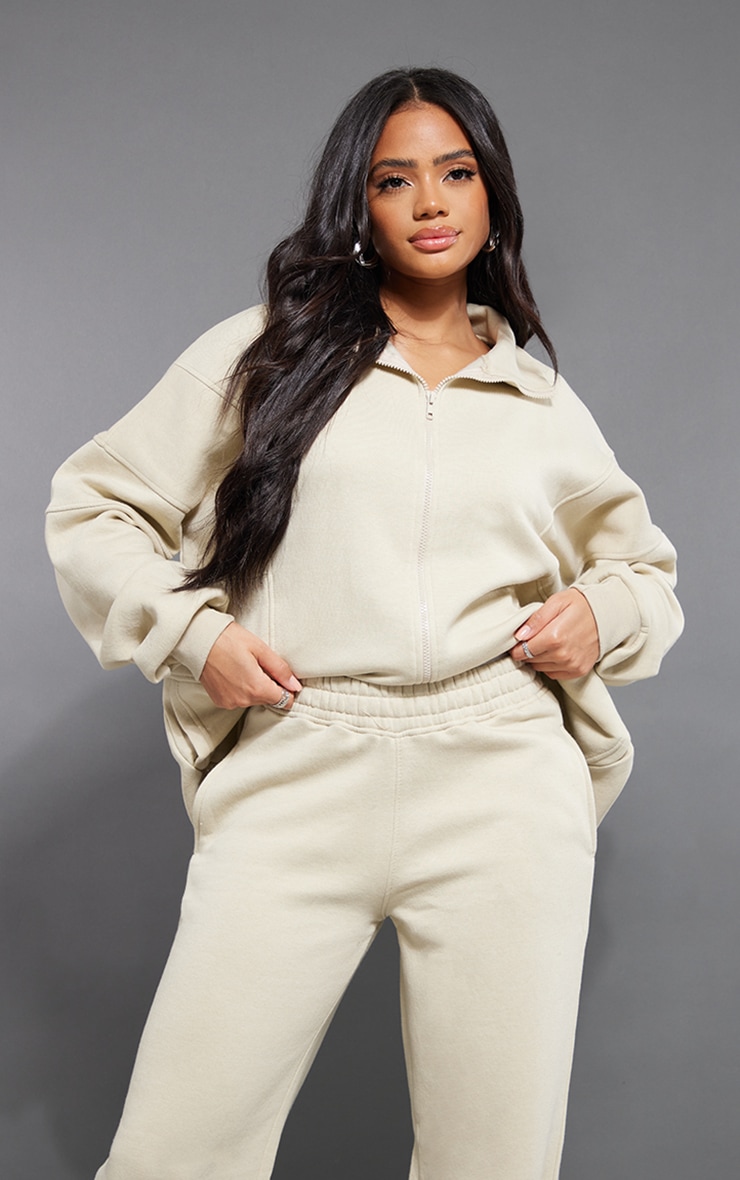 Oatmeal Oversized Paneled Zip Up Sweatshirt