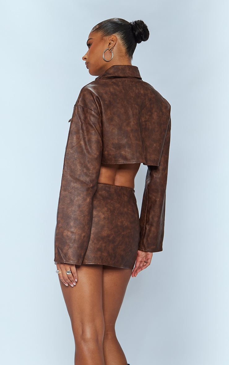 Premium Brown Washed Faux Leather Boxy Cropped Pocket Detail Jacket image 2