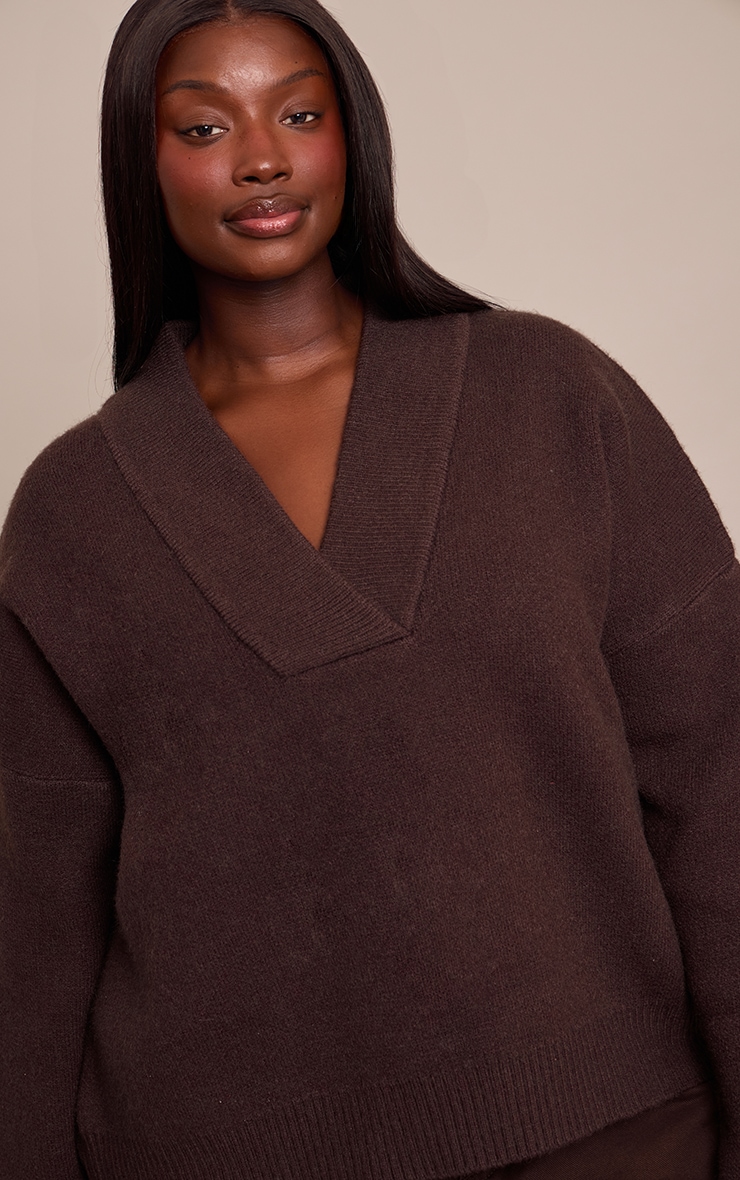Plus Chocolate Contrast Collar Deep V Neck Slouchy Sweater image 4