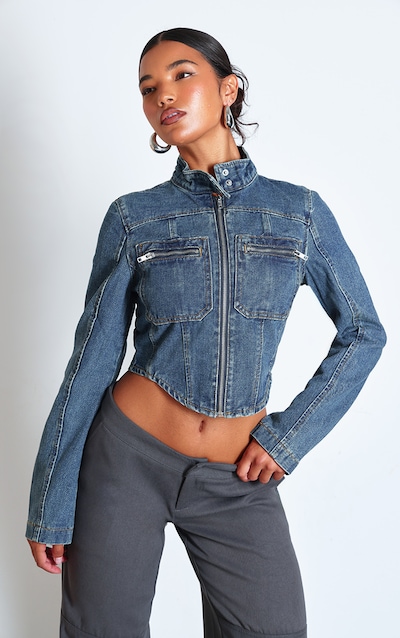 Indigo Vintage Wash Biker Detail Curved Hem Denim Jacket