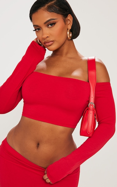 Shape Red Contour Jersey Bardot Long Sleeve Top