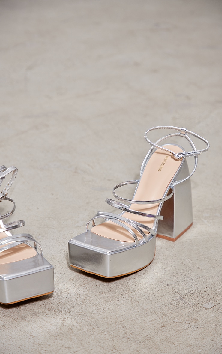 Silver PU Square Toe Metallic Multi Strap Extreme Platform Heeled Sandals image 1