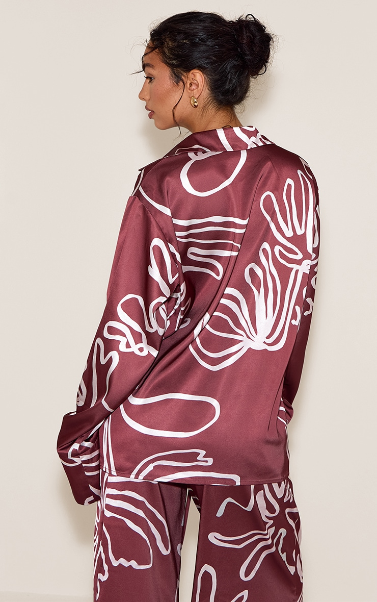 Brown Printed Oversized Satin Button Up Shirt image 2