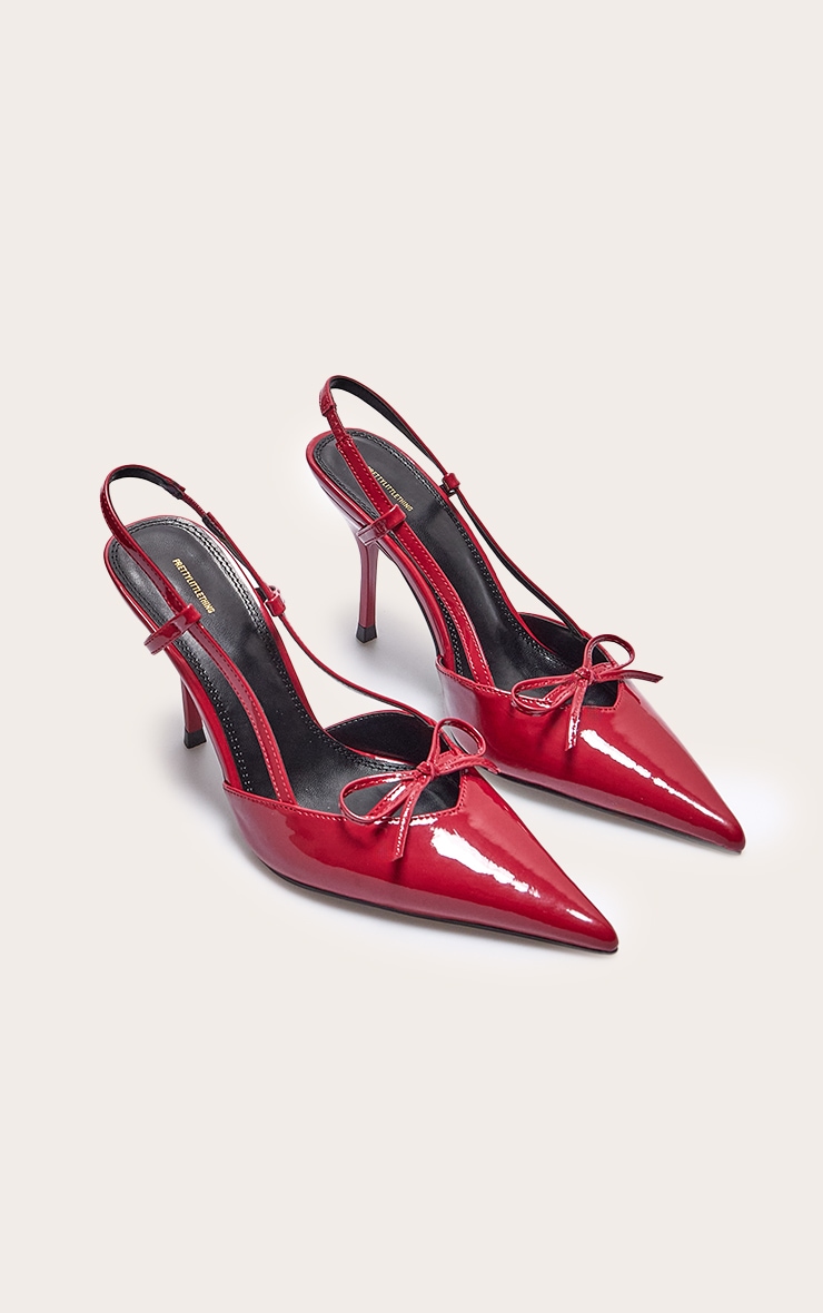 Red Patent PU Point Toe Bow Detail Mid Heel Courts image 2
