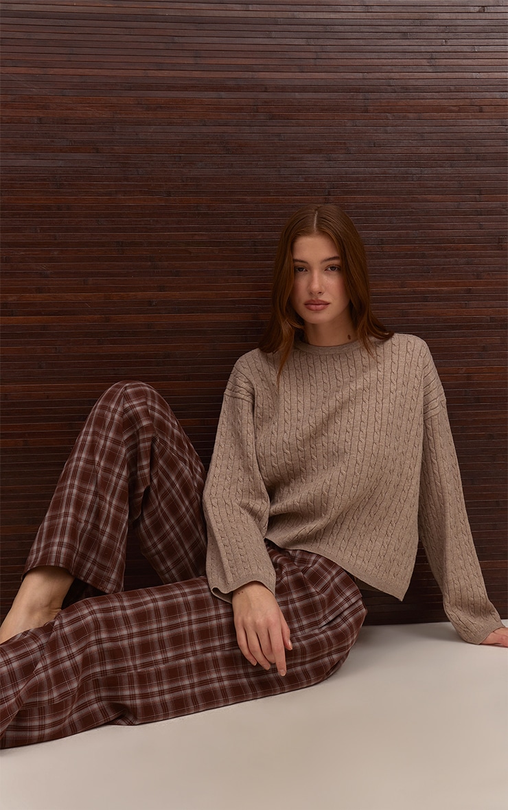 Brown Check Woven Drawstring Low Rise Relaxed Pants