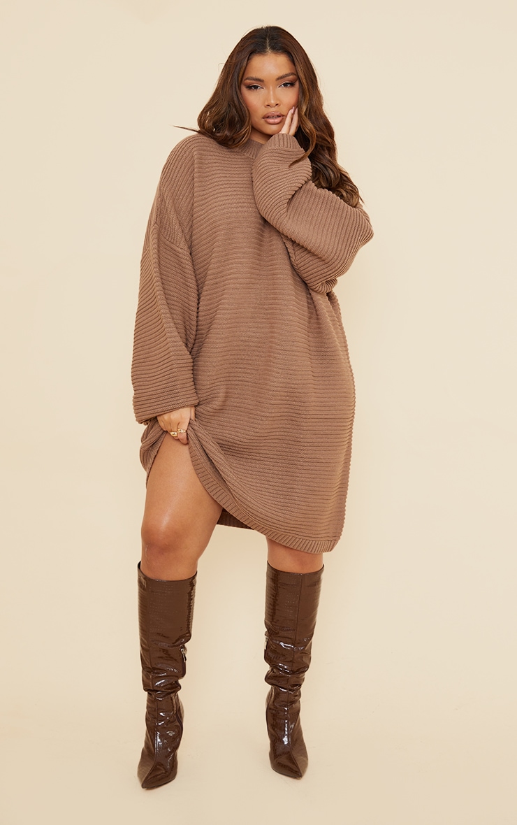  Plus Mocha Knitted High Neck Rib Jumper Dress image 1