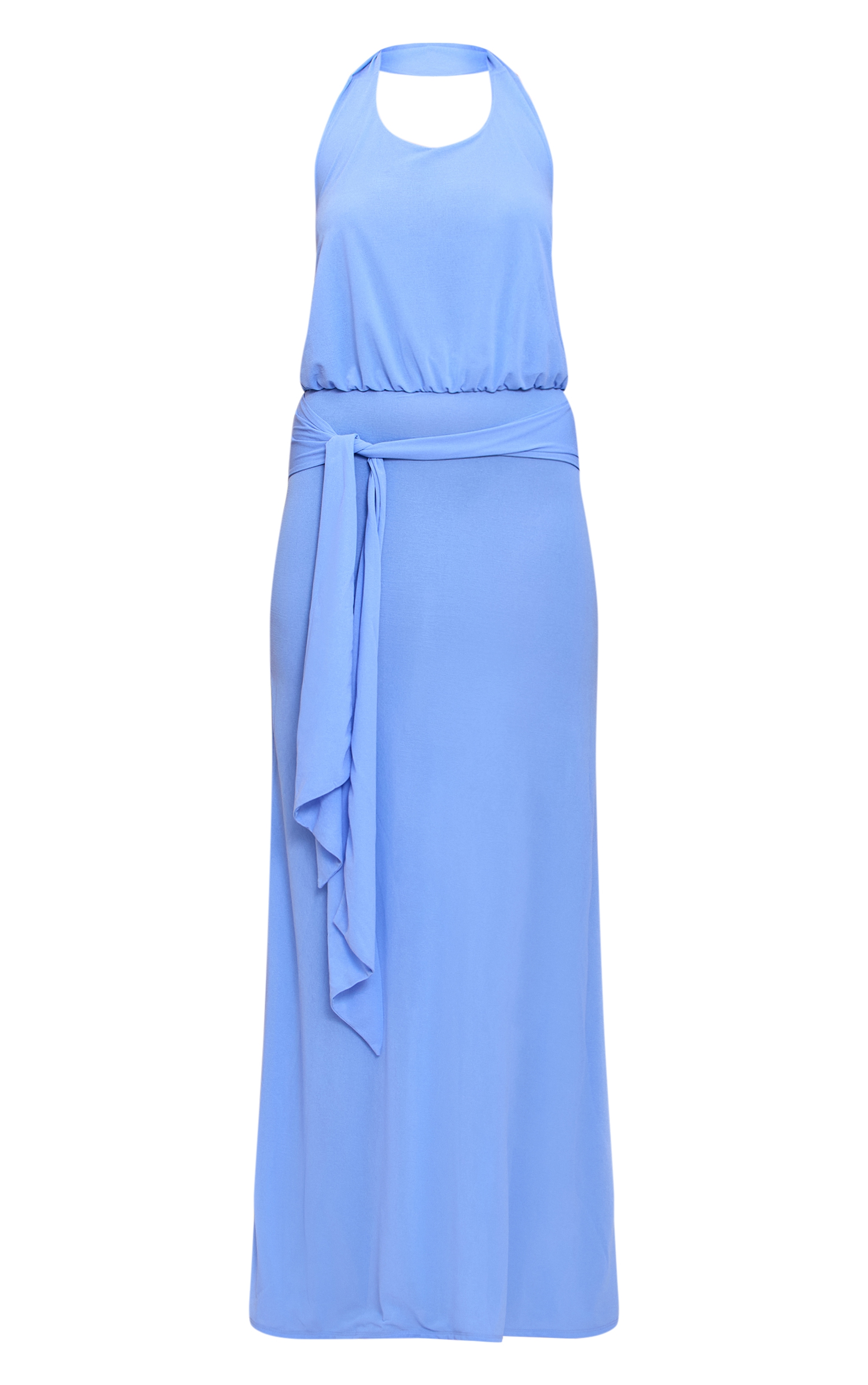 Bright Blue Double Layered Chiffon Halterneck Keyhole Maxi Dress image 5