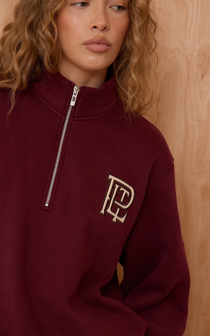 PLT Burgundy Cotton Fleece Quarter Zip Sweatshirt image 4