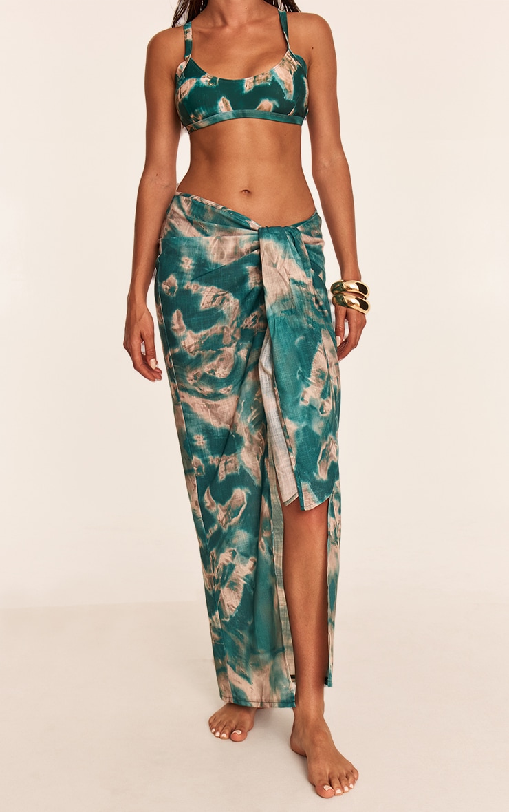 Teal Shell Tie Dye Linen Look Beach Sarong image 2
