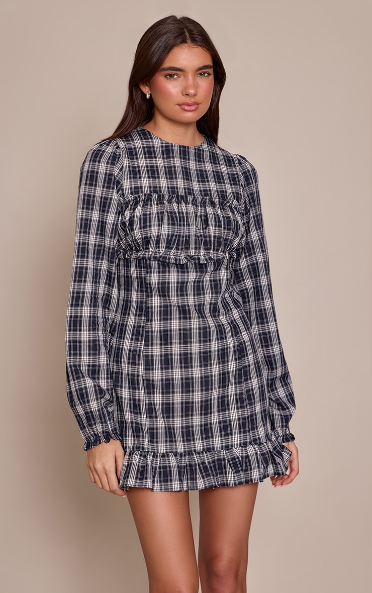 Navy Check Ruched Bust Long Sleeve Shift Dress image 1