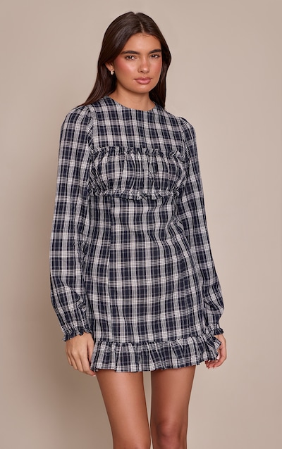 Navy Check Ruched Bust Long Sleeve Shift Dress