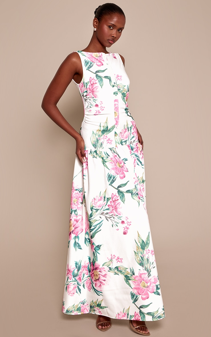 Cream Floral Woven Button Dropped Waist Maxi Dress image 3