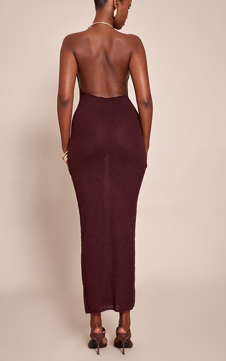 Robe longue en maille tricot chocolat à empiècement collier doré image 2