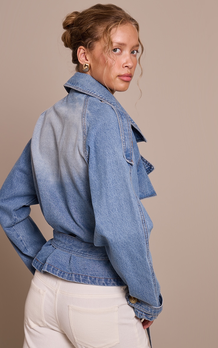Mid Blue Wash Belted Cropped Button Detail Denim Trench image 2
