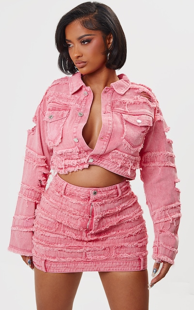 Shape Washed Red Distressed Denim Cropped Jacket