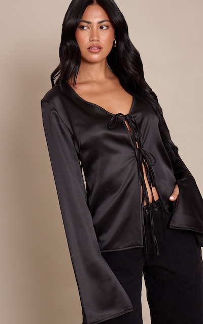 Black Satin Tie Front Detail Long Sleeve Top