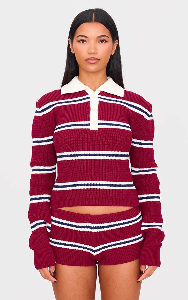 Burgundy Stripe Button Through Thick Rib Knit Rugby Shirt image 2