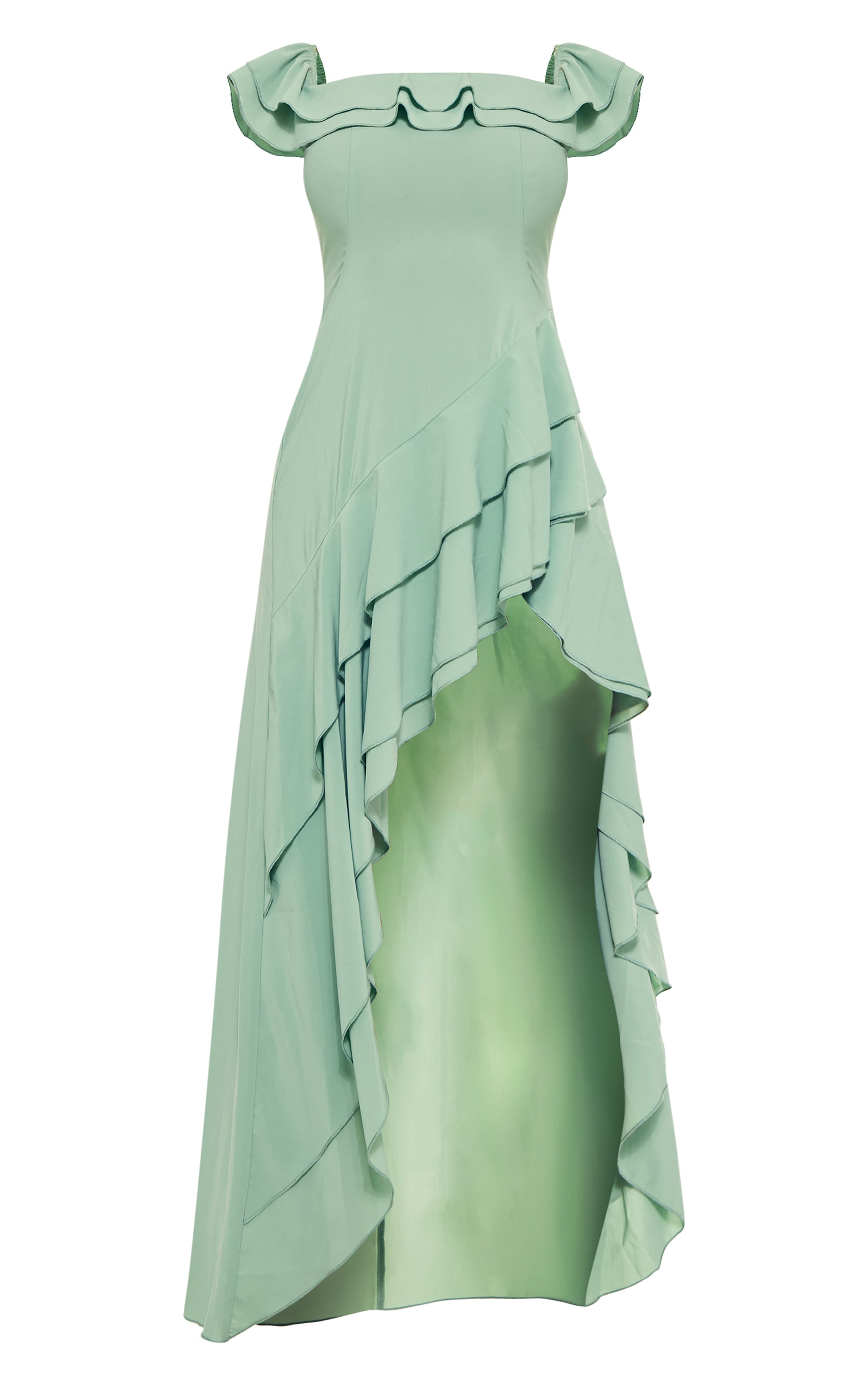 Robe mi-longue vert sauge à col bardot et détail volant image 5