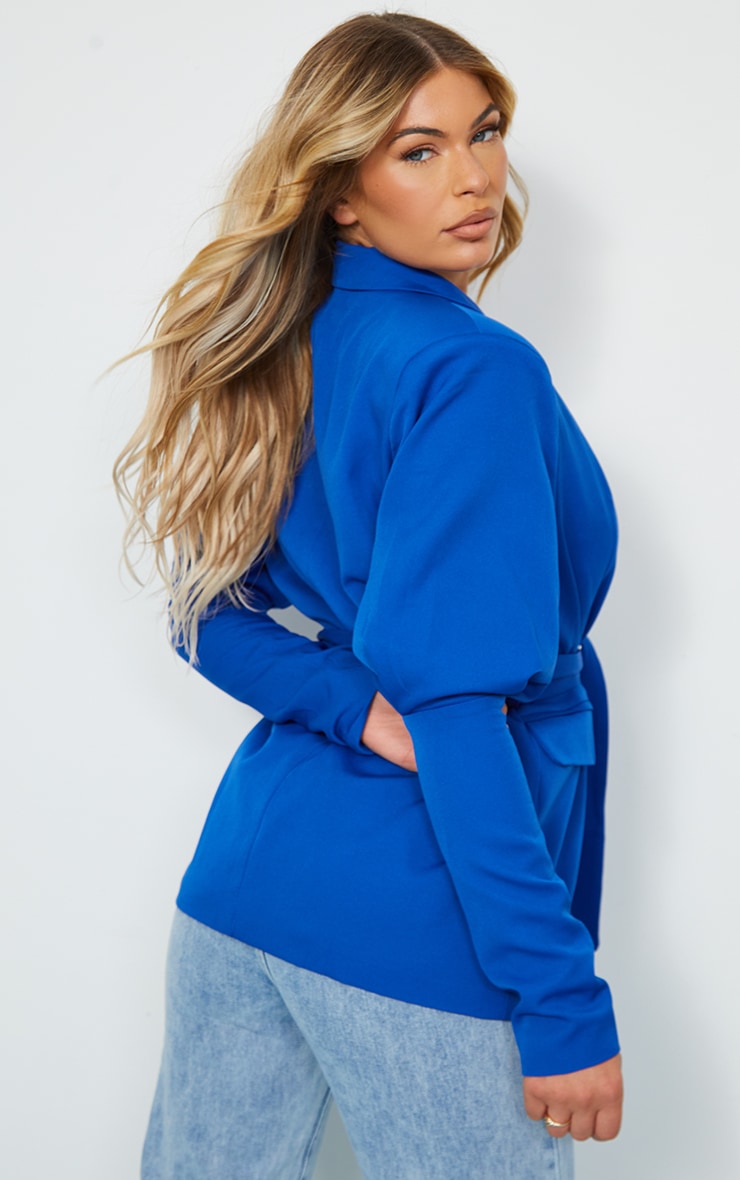 Blue Cinched Arm Shoulder Padded Belted Blazer | Outerwear