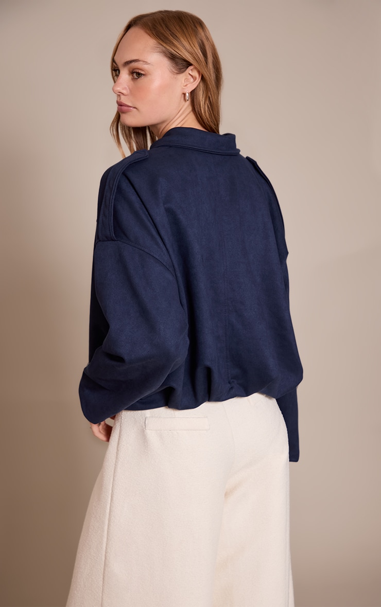 Navy Zip Through Faux Suede Bomber Jacket image 2