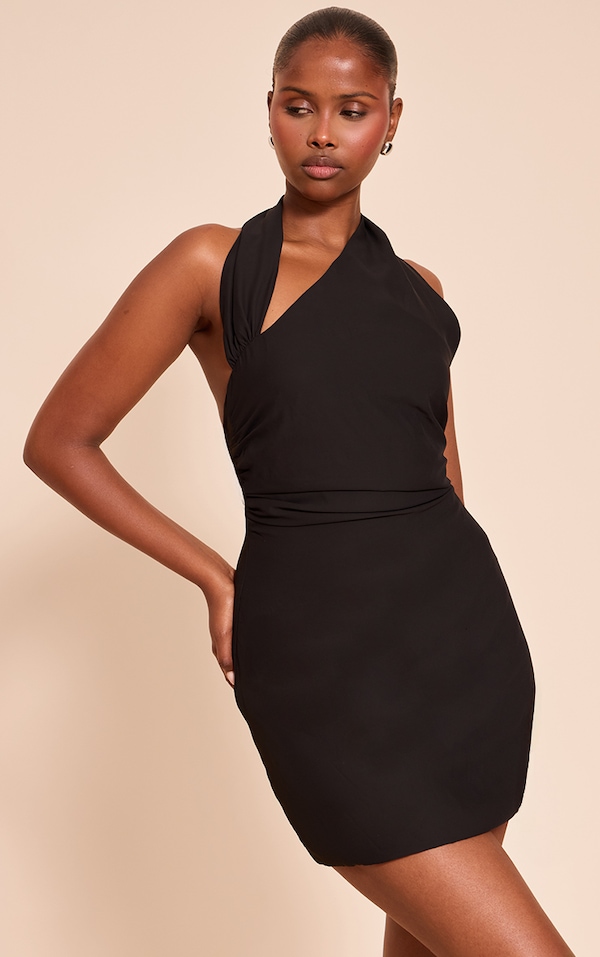 Black Woven One Shoulder Mini Bodycon Dress