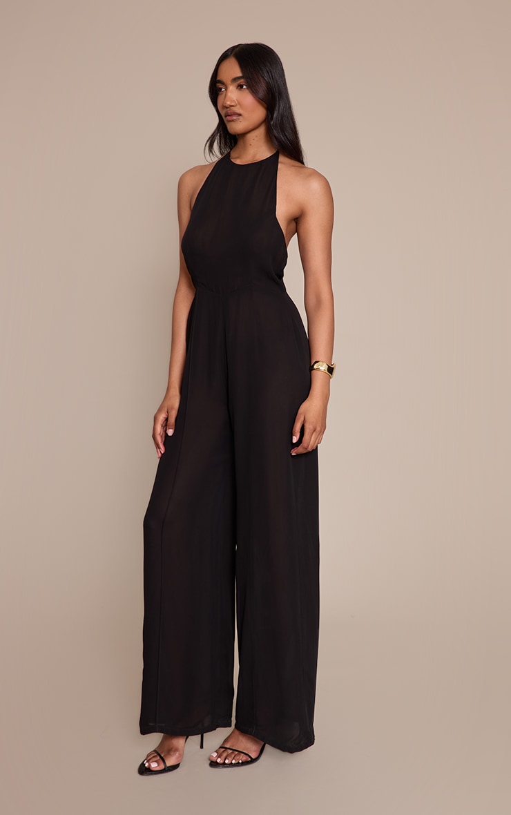 Black Chiffon Halterneck Straight Leg Jumpsuit image 3