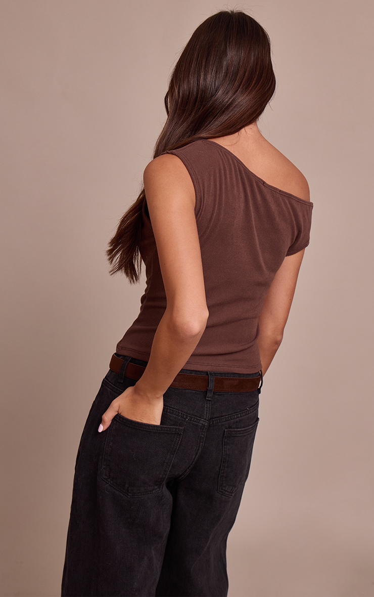 Chocolate Soft Brushed Rib Asymmetric Neckline Long Top   image 2