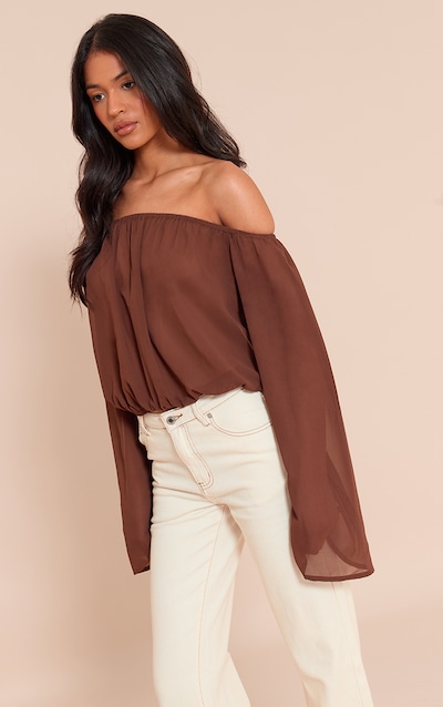 Tall Blouse en mousseline de soie marron froncée à col bardot