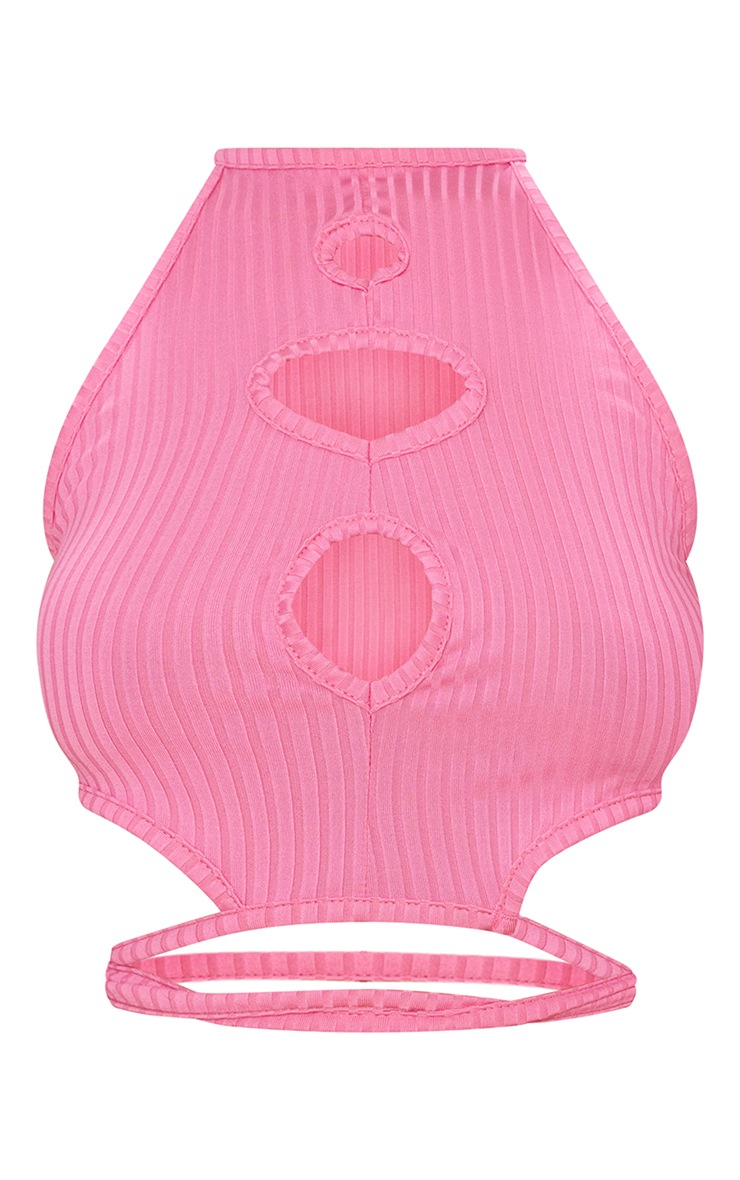 Petite Hot Pink Halter Neck Ribbed Crop Top image 5