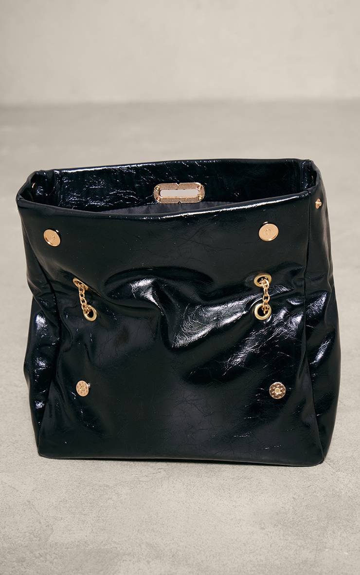 Black Fold Over Clasp PU Distressed Shoulder Bag image 4