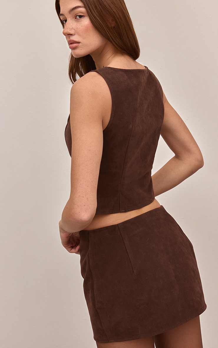 Dark Brown Faux Suede Button Through Mini Skirt image 3