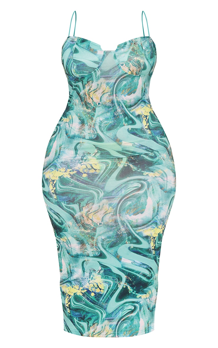 Plus Green Swirl Crinkle Rib Cup Detail Midi Dress image 5