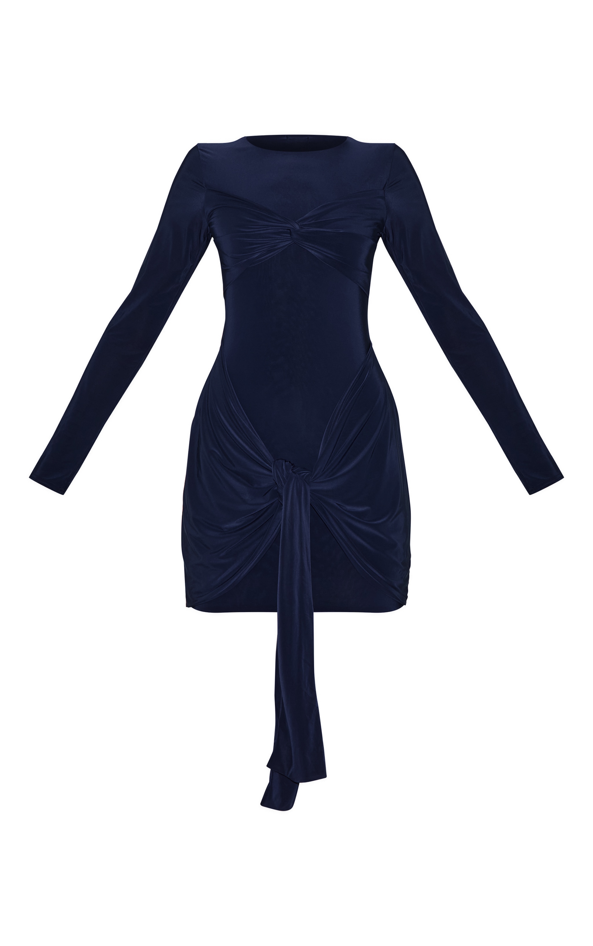 Navy Slinky Long Sleeve Wrap Bust Twist Detail Mini Dress image 6
